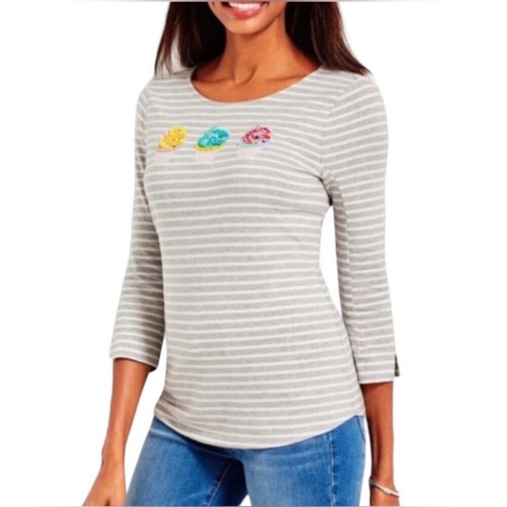 Talbots Sequin Cupcakes Striped Top Sz 2P Gray  #96J‎
